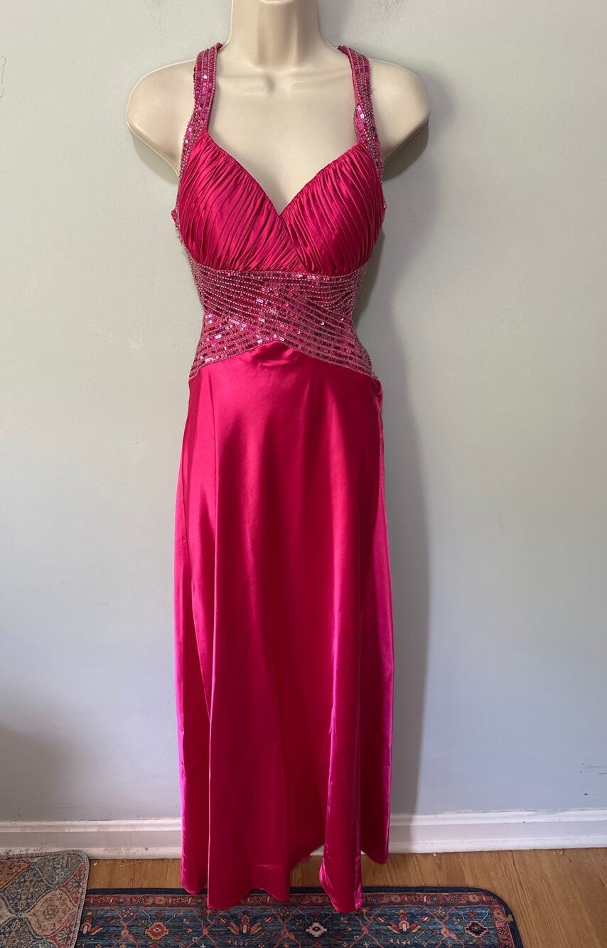 Vintage Dave & Johnny Dress 1/2 Hot Pink Satin Beaded Cut Out Y2K HoCo Prom Glam